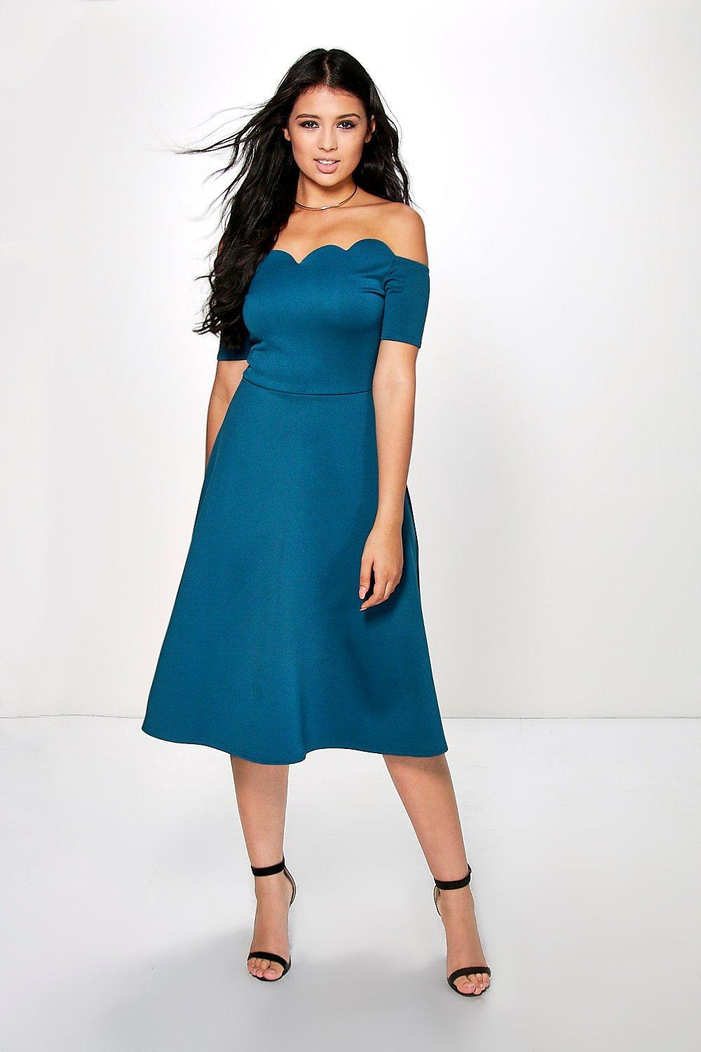 Boohoo Satin Di Scallop Off Shoulder Midi Skater Dress in Blue Lyst